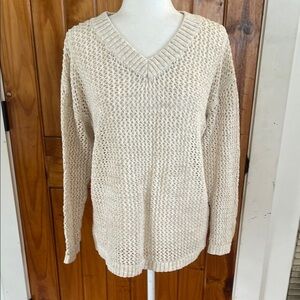 Talbots Loose Weave fishnet Open knit sweater Oatmeal beige Petite XL V neck